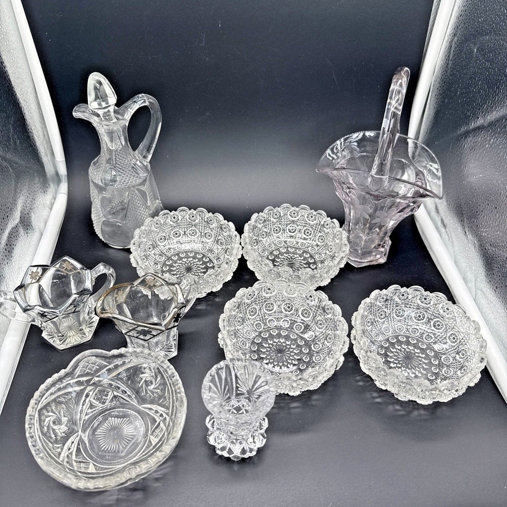 10pc Vintage Antique Clear Crystal Glass Candy Dish Decanter Basket Floral Lot